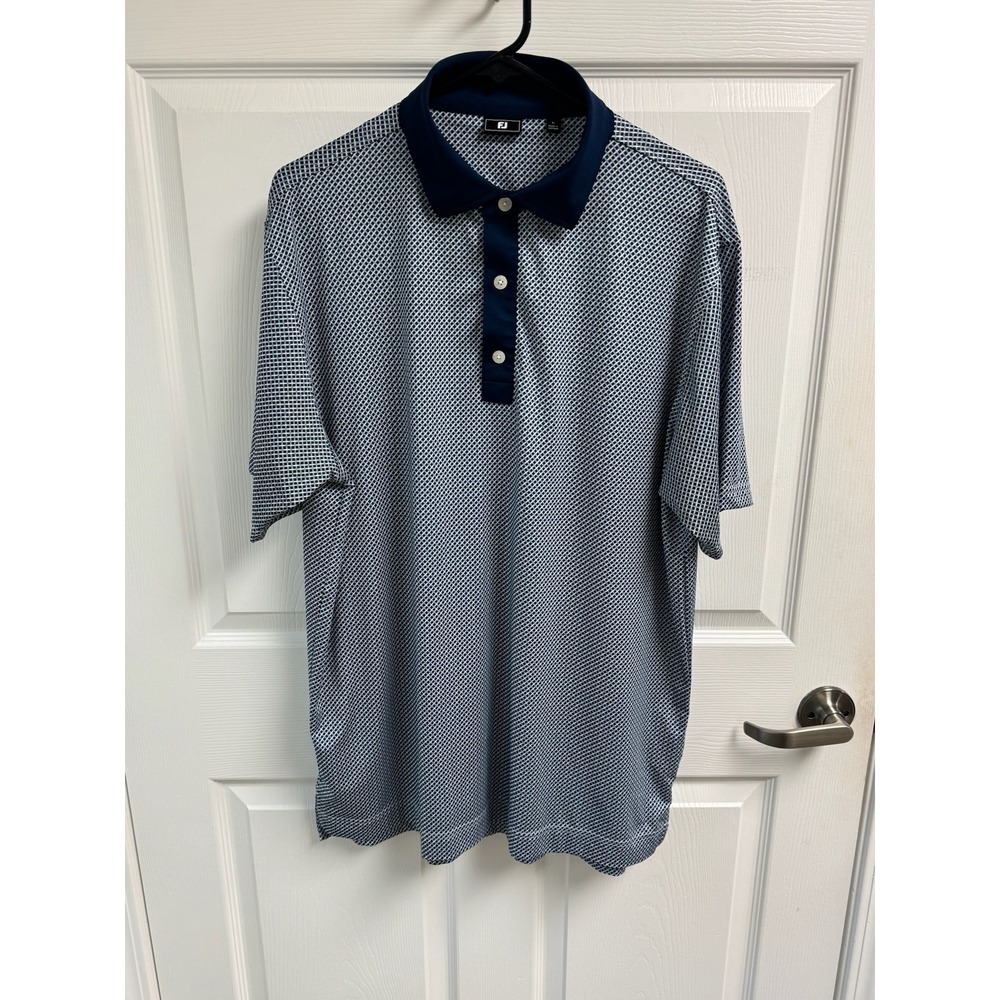FootJoy Golf Polo Shirt Mens Large Navy White Micro Grid Print Good Stretch